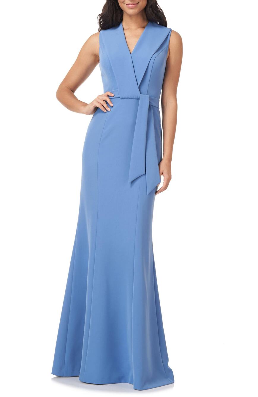 Kay Unger Blue Cecily V-Neck Shawl Sash Waist Mermaid Formal Gown 6
